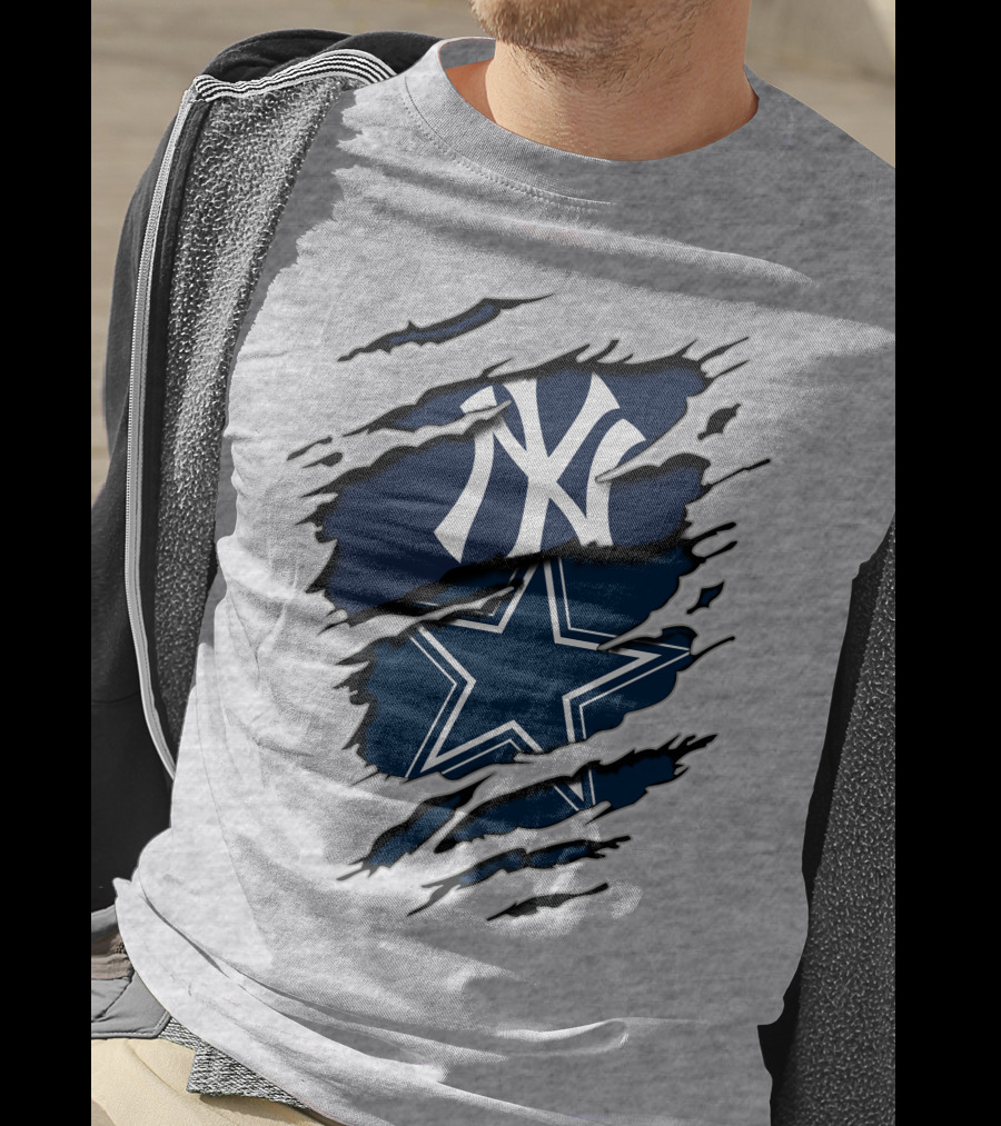 Cowboys Yankees Logo Mashup On Torn Background Gray T-Shirt