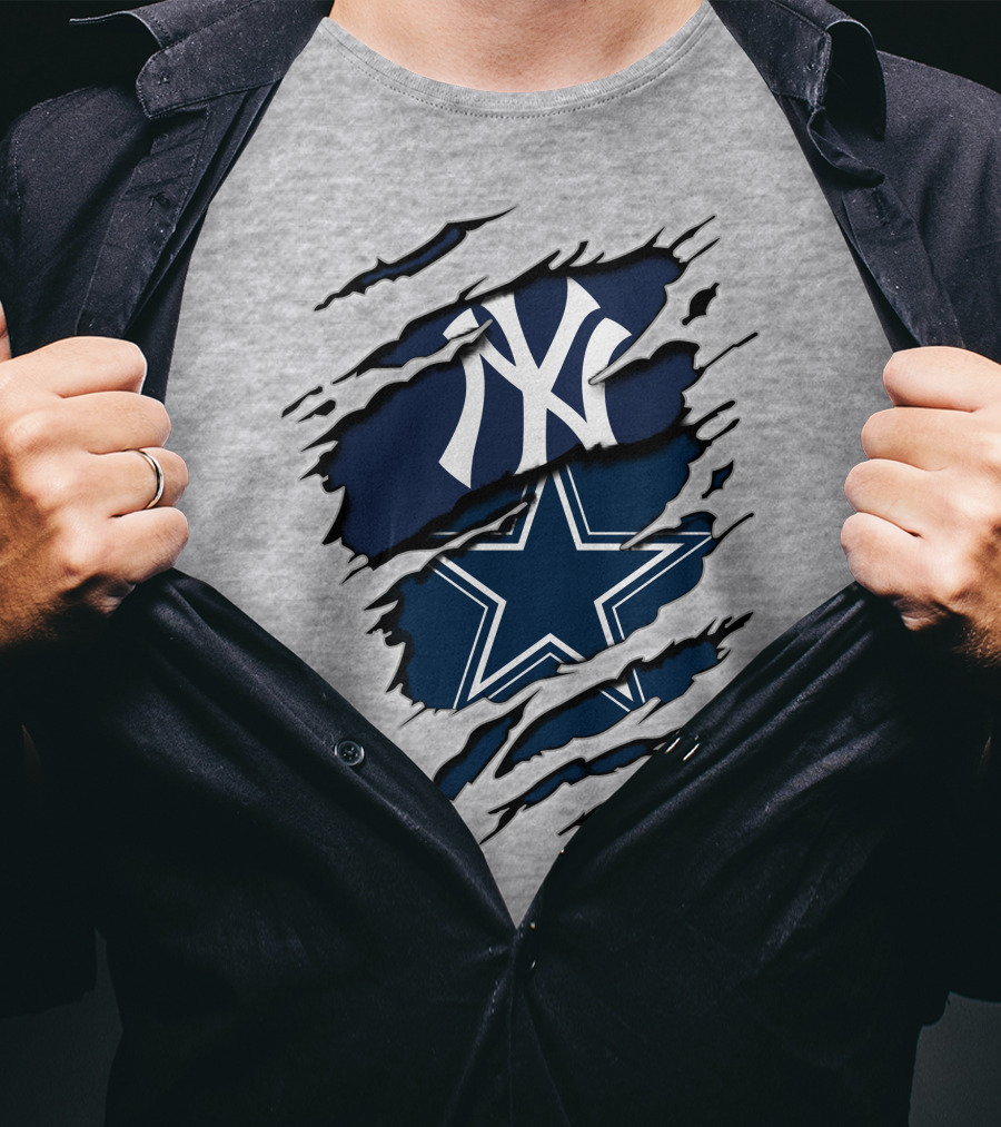 Cowboys Yankees Logo Mashup On Torn Background Gray T-Shirt