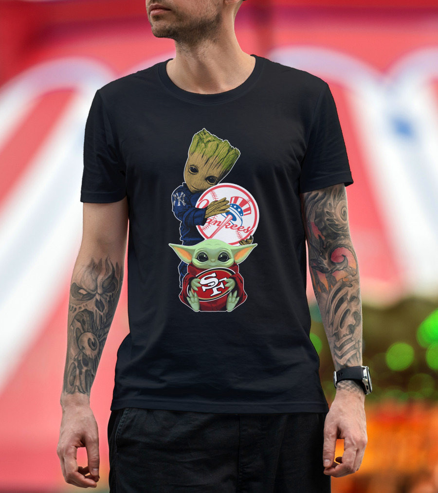 Groot Yankees Logo And Baby Yoda 49ers Sf Team Crossover T-Shirt