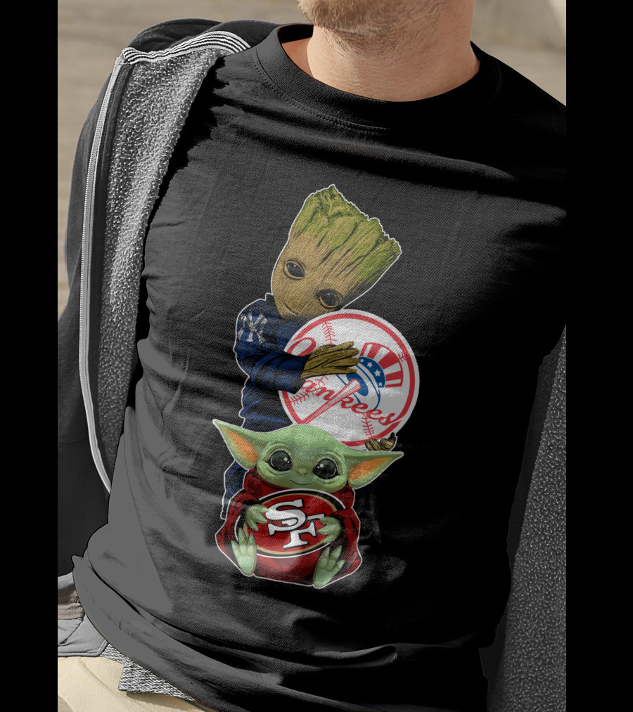 Groot Yankees Logo And Baby Yoda 49ers Sf Team Crossover T-Shirt