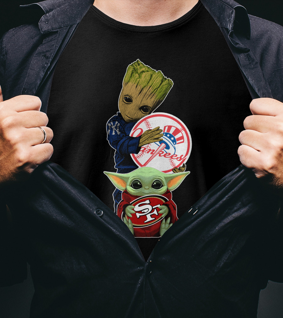 Groot Yankees Logo And Baby Yoda 49ers Sf Team Crossover T-Shirt
