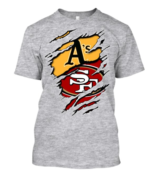 Oakland A's And San Francisco 49ers Torn Layered Logo Fusion T-Shirt