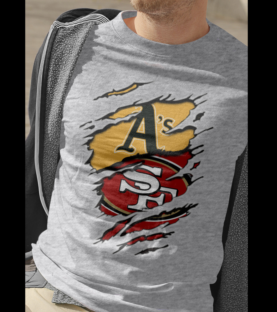 Oakland A's And San Francisco 49ers Torn Layered Logo Fusion T-Shirt