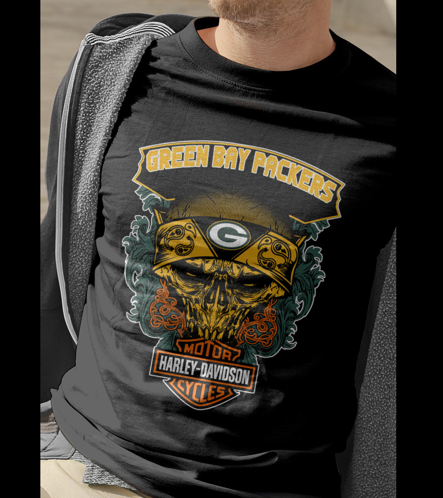 Green Bay Packers Harley Davidson Motorcycles Skull Bandana T-Shirt