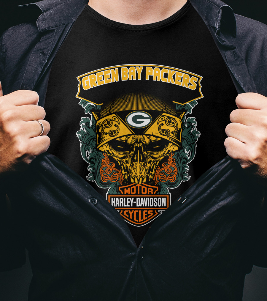 Green Bay Packers Harley Davidson Motorcycles Skull Bandana T-Shirt