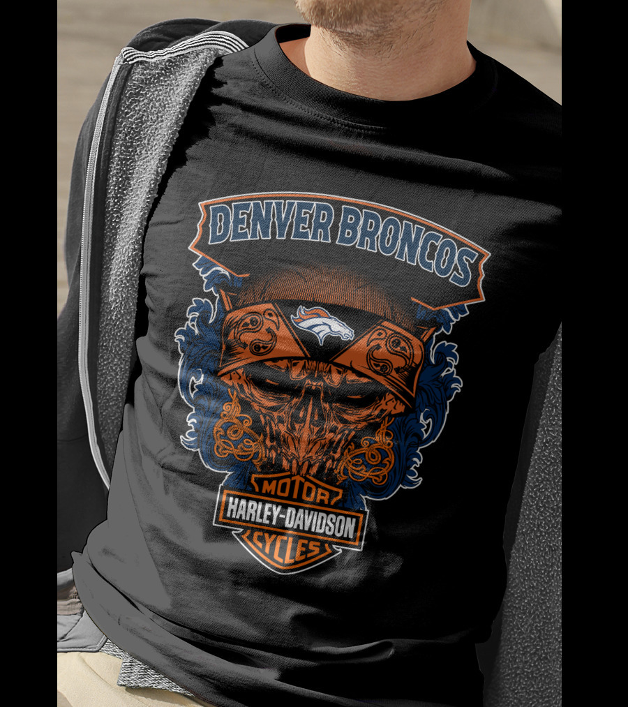 Denver Broncos Harley Davidson Motor Cycles Skull T-Shirt