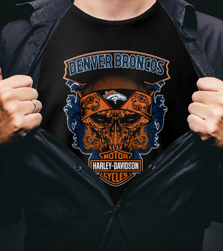 Denver Broncos Harley Davidson Motor Cycles Skull T-Shirt
