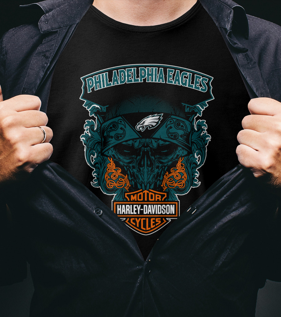 Philadelphia Eagles Harley Davidson Motorcycles Skull T-Shirt
