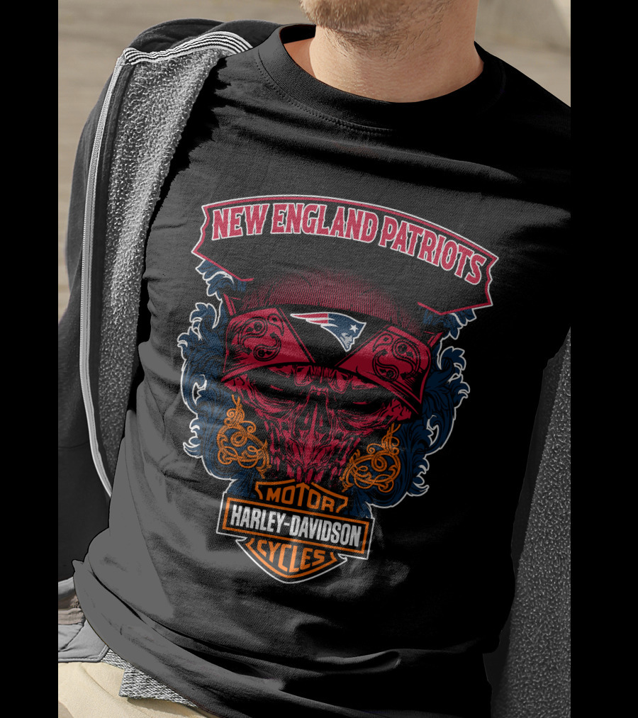 New England Patriots Skull Harley Davidson Motorcycles T-Shirt