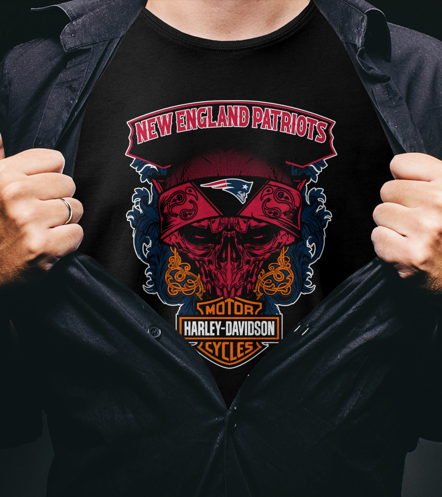 New England Patriots Skull Harley Davidson Motorcycles T-Shirt
