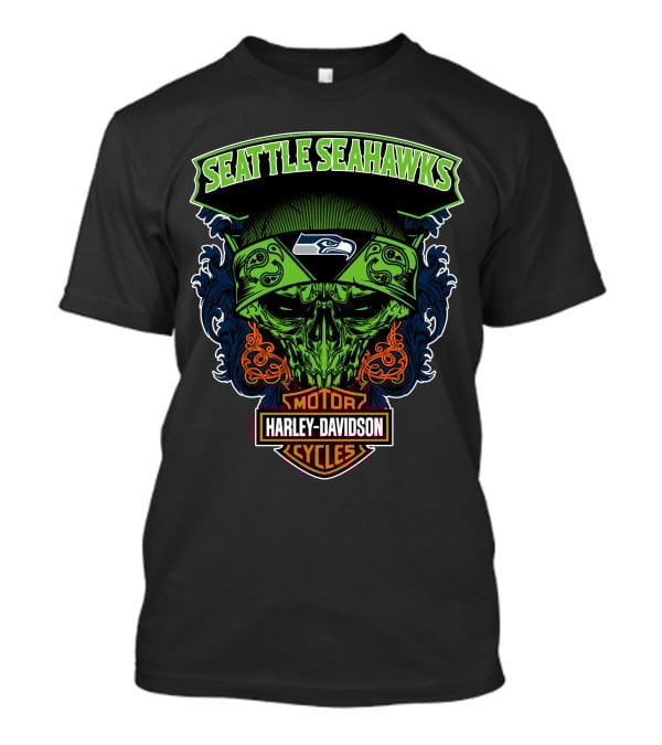 Seattle Seahawks Harley Davidson Skull Motor Cycles T-Shirt