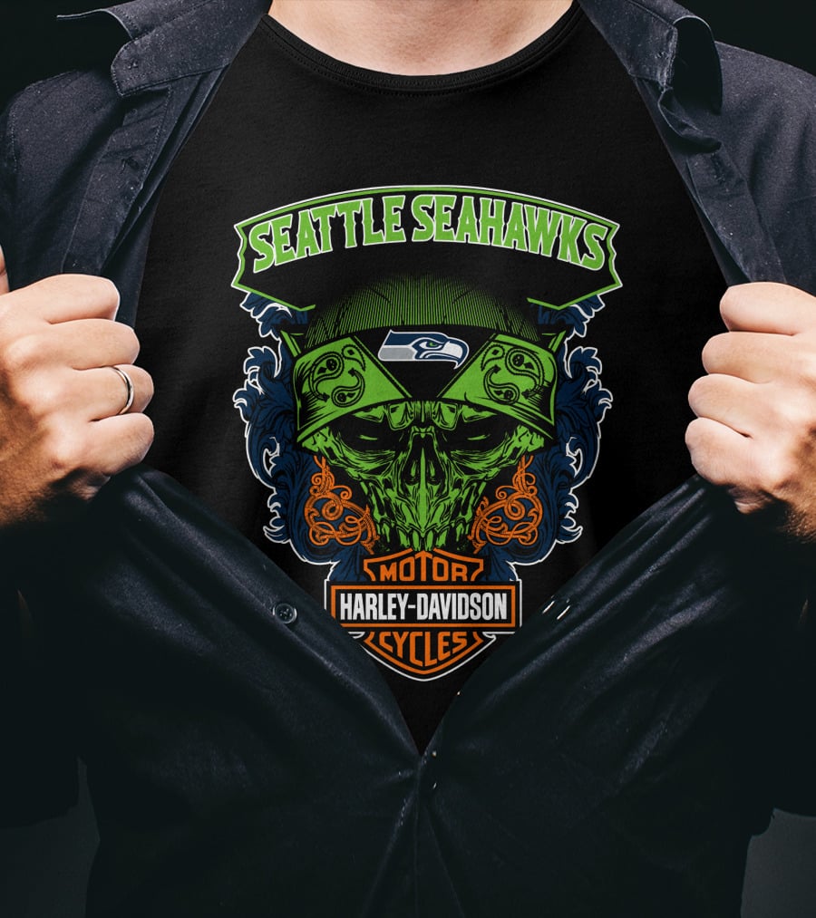 Seattle Seahawks Harley Davidson Skull Motor Cycles T-Shirt