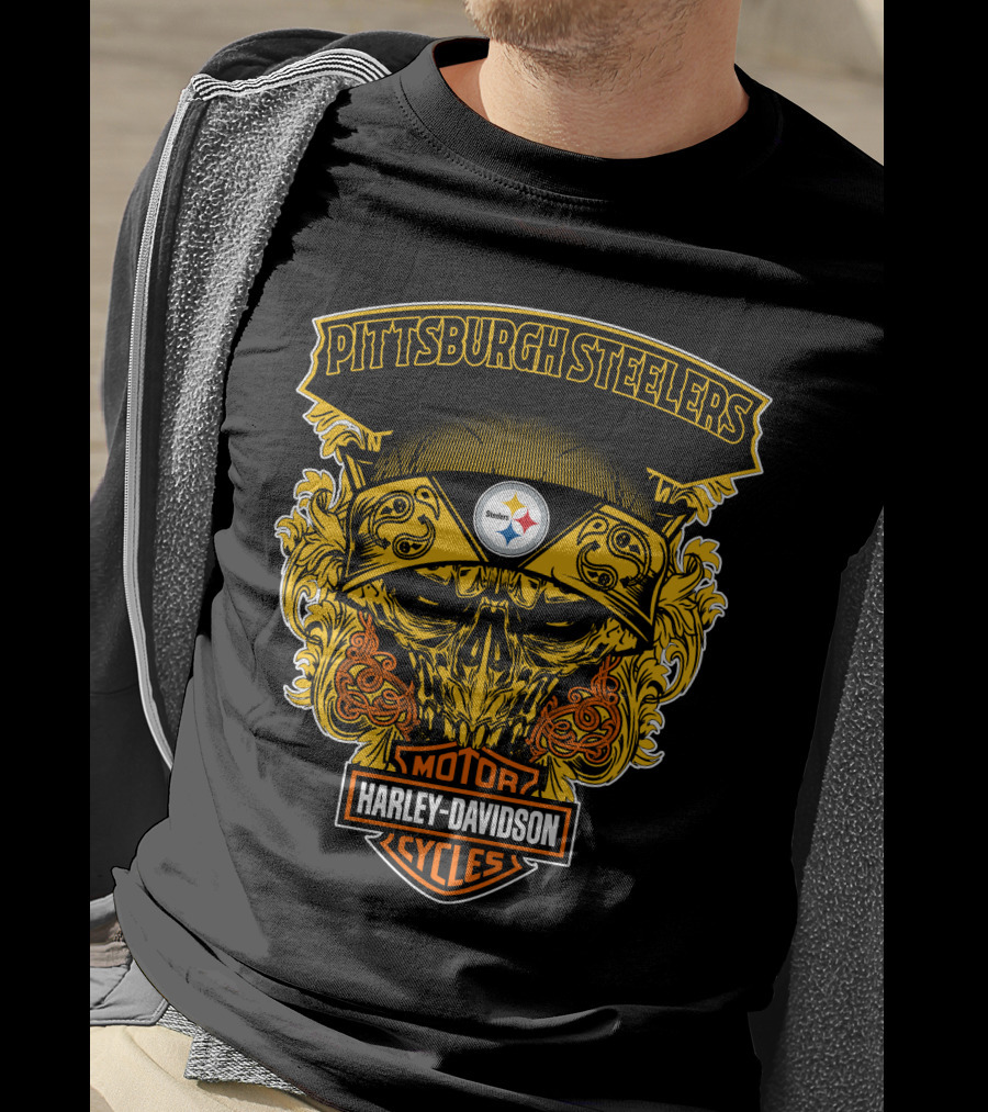 Pittsburgh Steelers Harley Davidson Motorcycles Skull T-Shirt