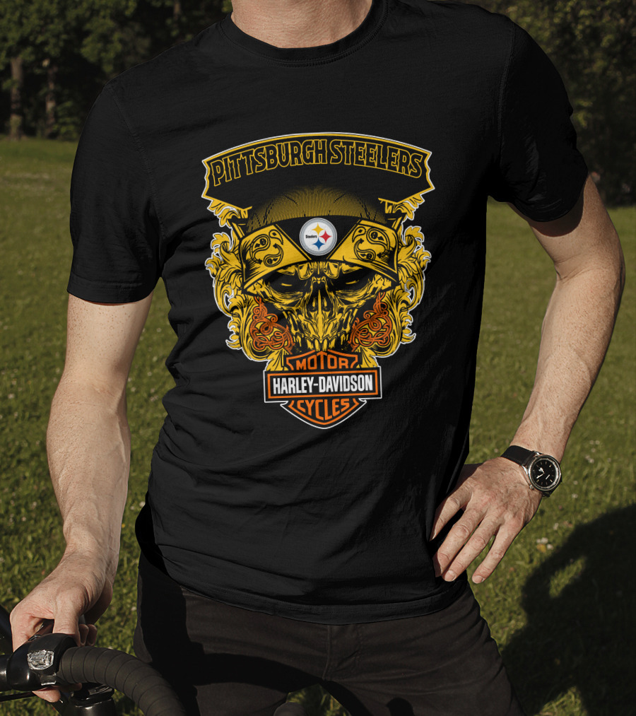 Pittsburgh Steelers Harley Davidson Motorcycles Skull T-Shirt