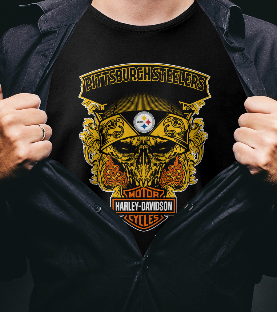 Pittsburgh Steelers Harley Davidson Motorcycles Skull T-Shirt