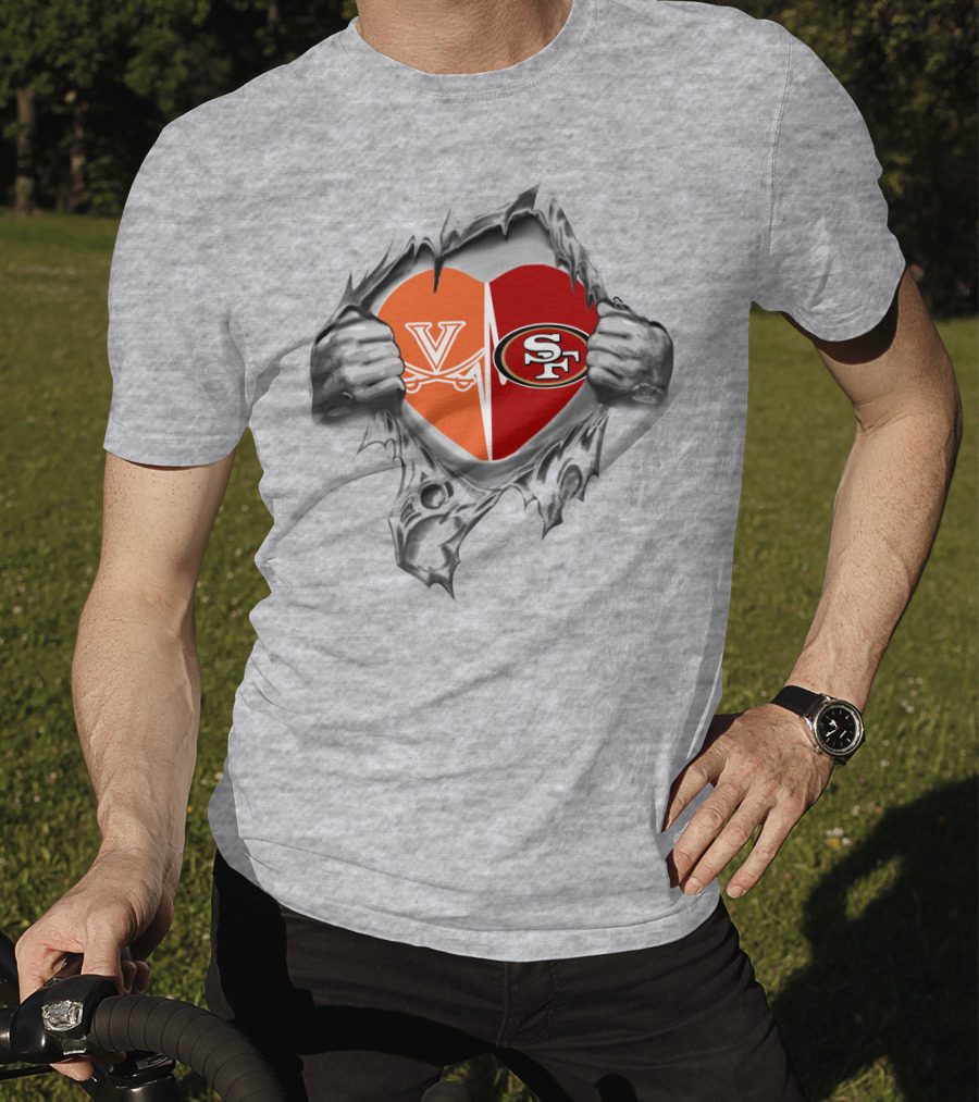 49Ers Cavaliers Heart With San Francisco And Virginia Logos Peeking Through Ripped Fabric T-Shirt