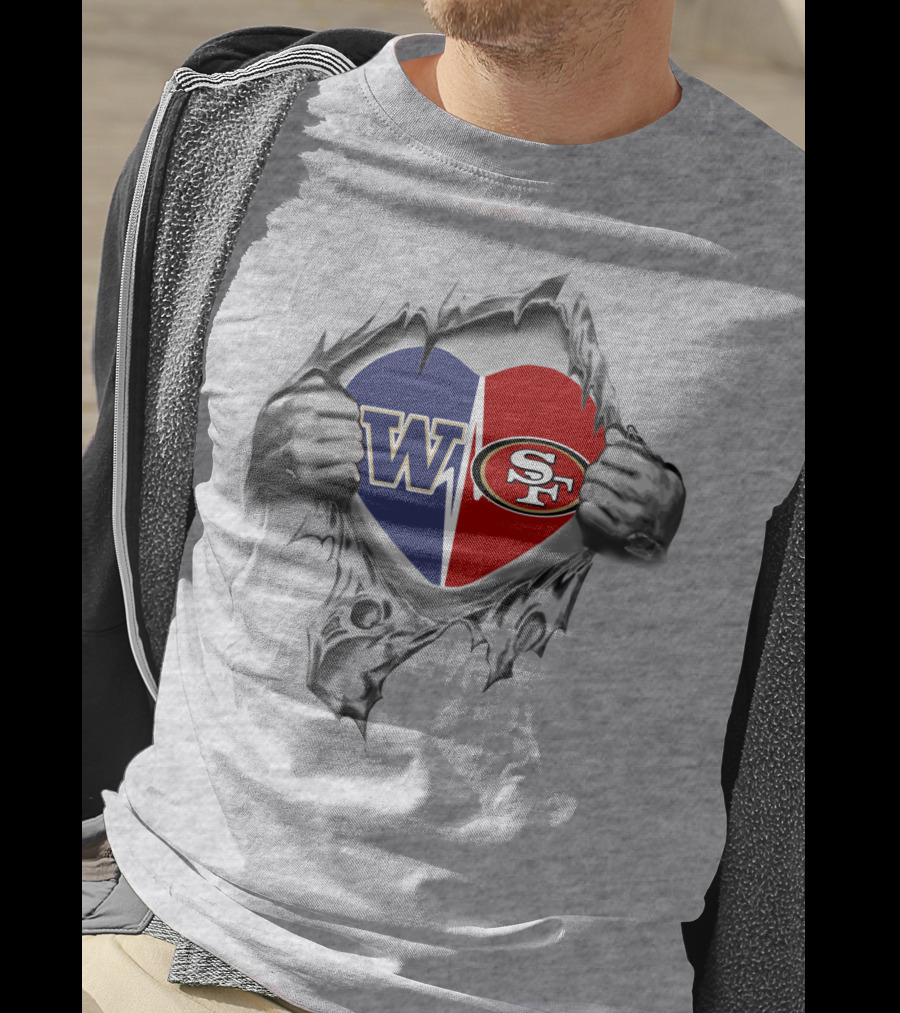 W Huskies SF 49ers Ripped Heart Logo Fusion T-Shirt