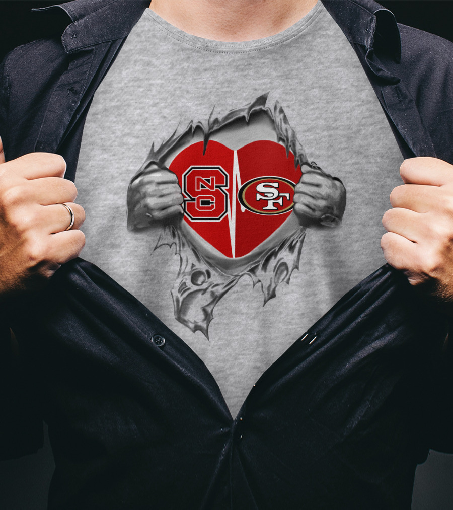 49Ers NC State Heart Symbol With Torn Fabric T-Shirt