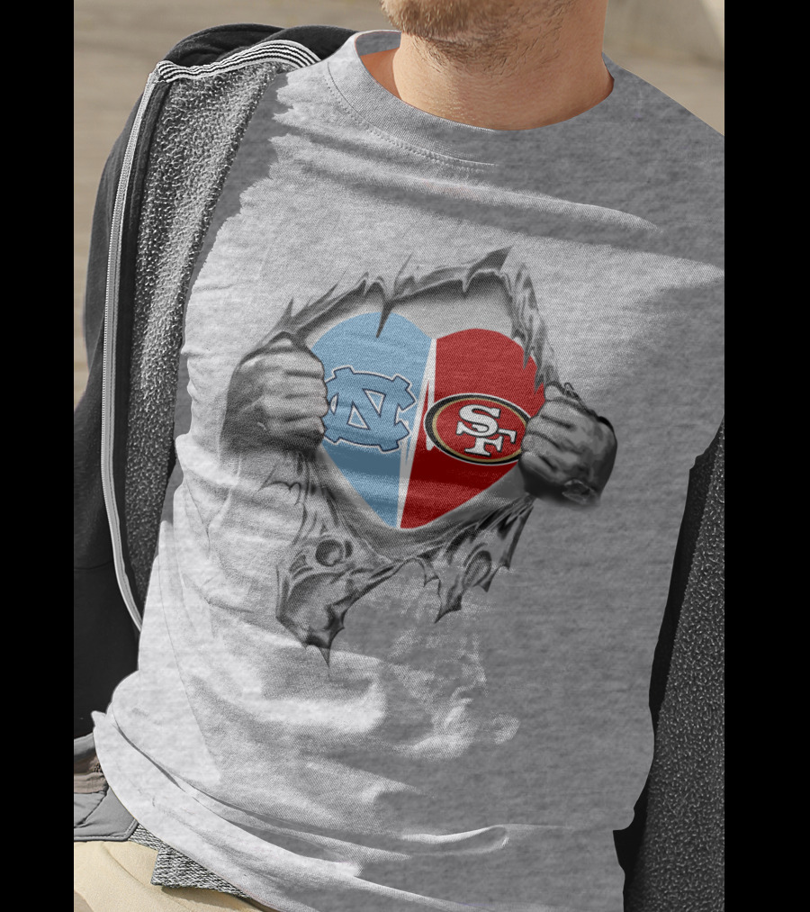 49Ers Tar Heels San Francisco UNC Heart Torn Fabric T-Shirt