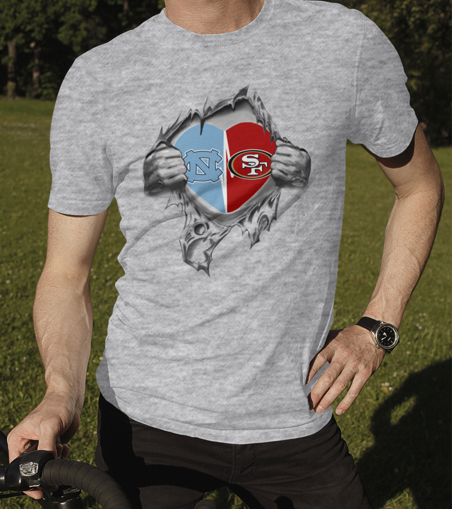 49Ers Tar Heels San Francisco UNC Heart Torn Fabric T-Shirt