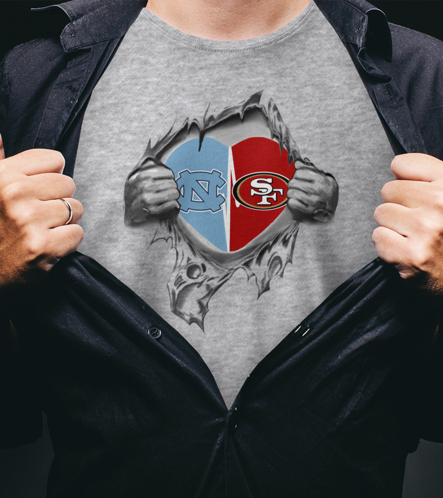 49Ers Tar Heels San Francisco UNC Heart Torn Fabric T-Shirt