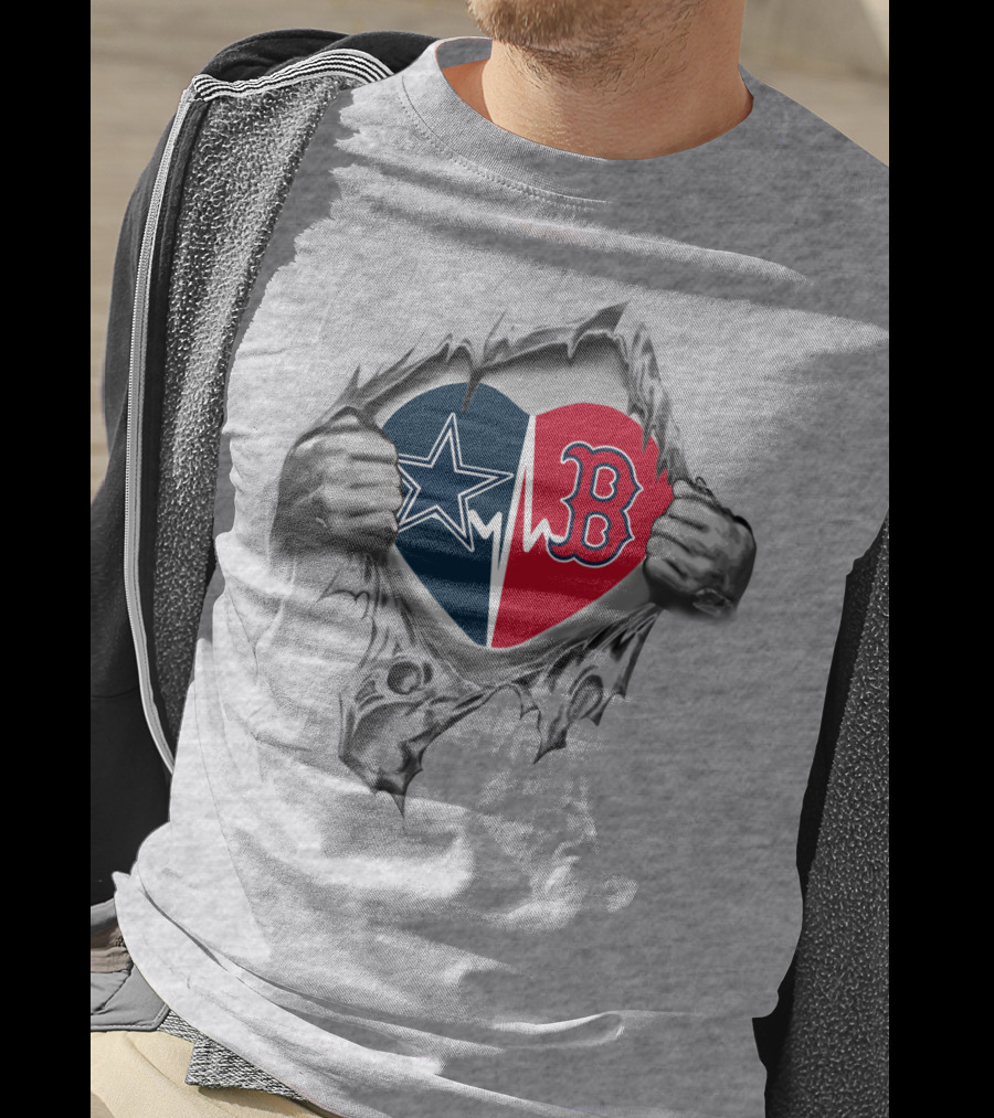 Cowboys Redsoxs Heart With Star Logo And Red B On Torn Gray Background T-Shirt