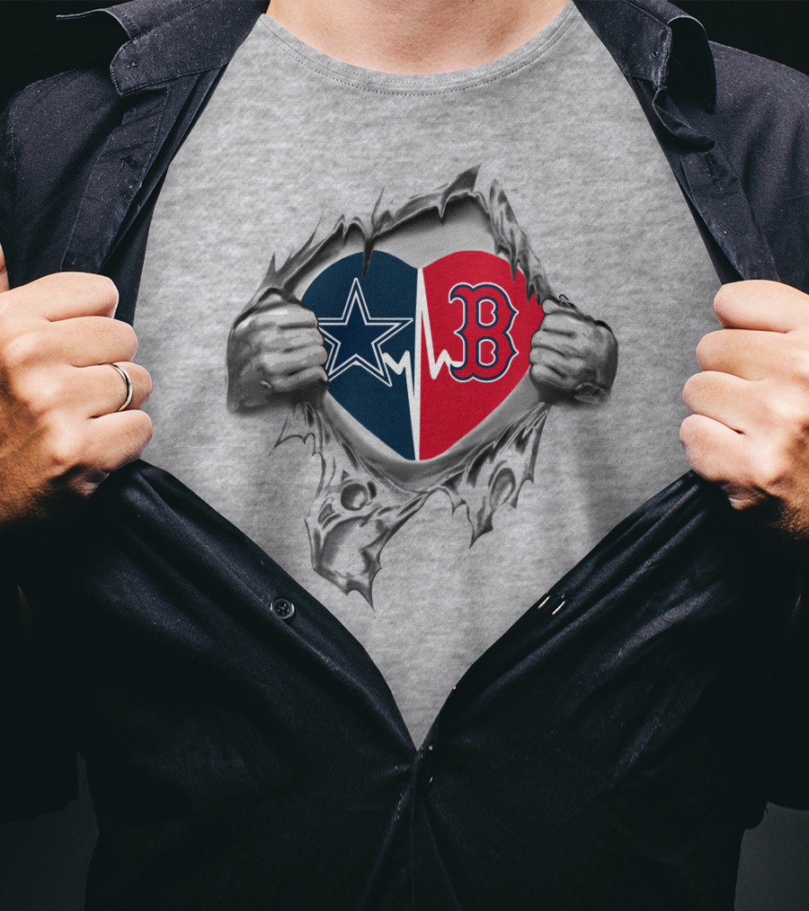 Cowboys Redsoxs Heart With Star Logo And Red B On Torn Gray Background T-Shirt