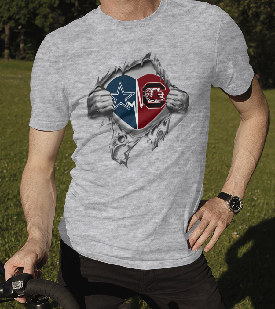 Cowboys Gamecocks Heart Design With Dallas Star And Gamecock Emblem T-Shirt