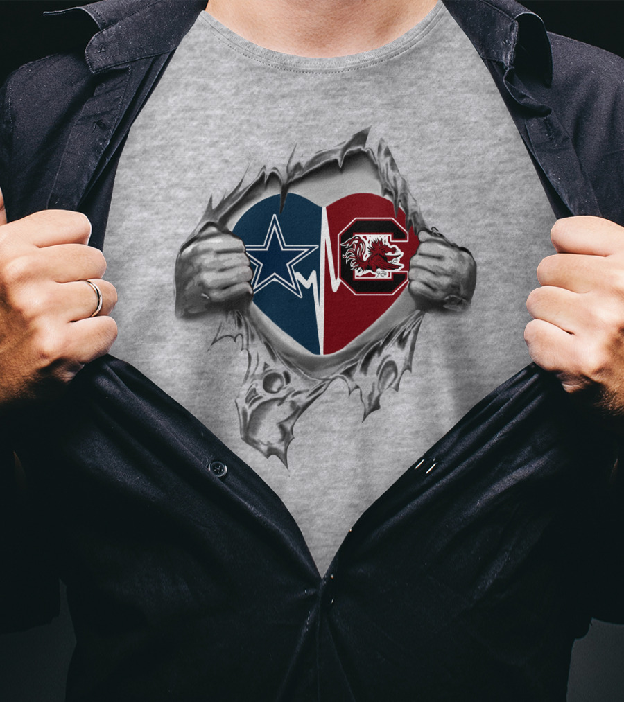 Cowboys Gamecocks Heart Design With Dallas Star And Gamecock Emblem T-Shirt