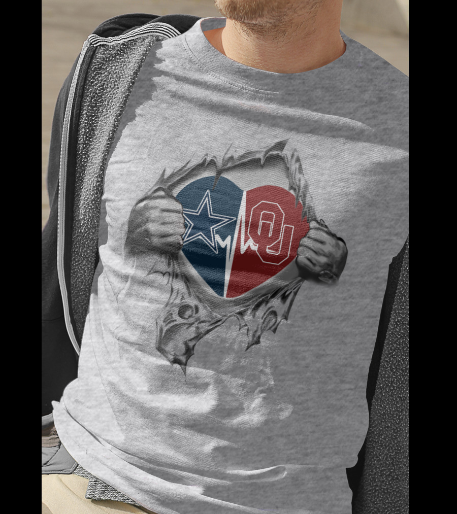 Cowboys Sooners Star And OU Heart Torn Hands T-Shirt
