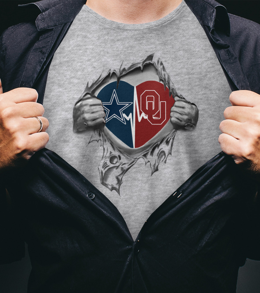 Cowboys Sooners Star And OU Heart Torn Hands T-Shirt