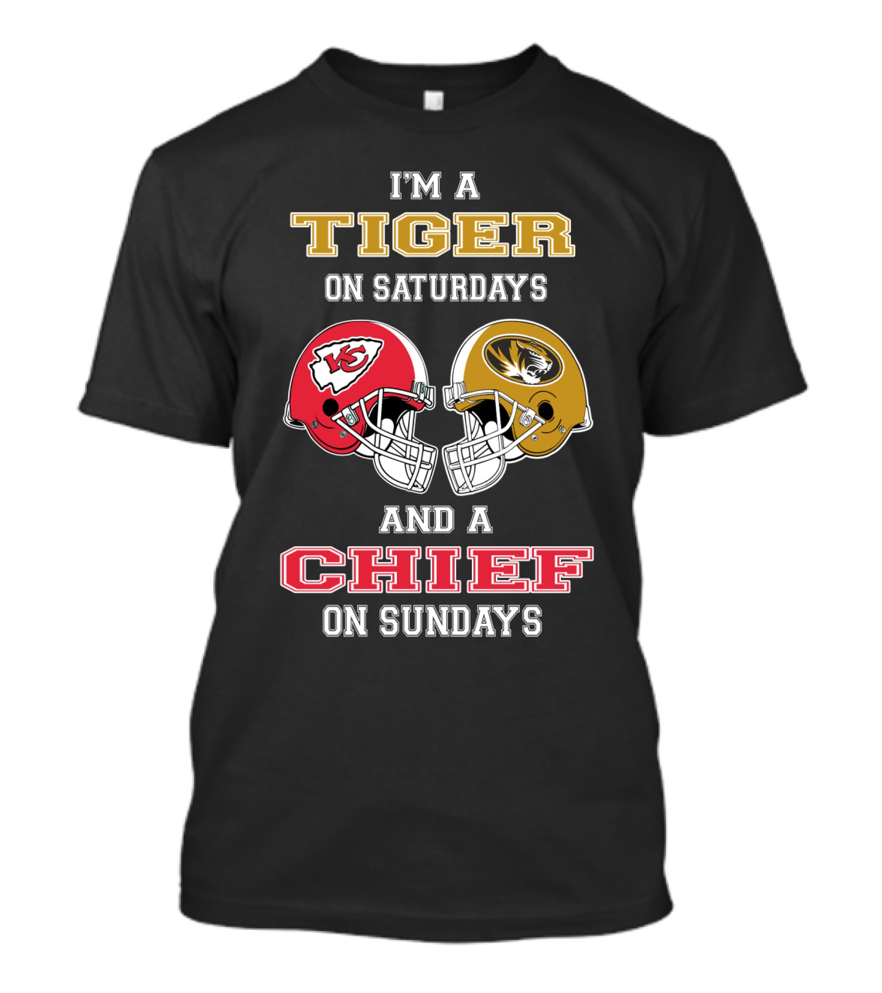 I'm A Tiger On Saturdays And A Chief On Sundays Missouri Kansas City Football Helmets T-Shirt