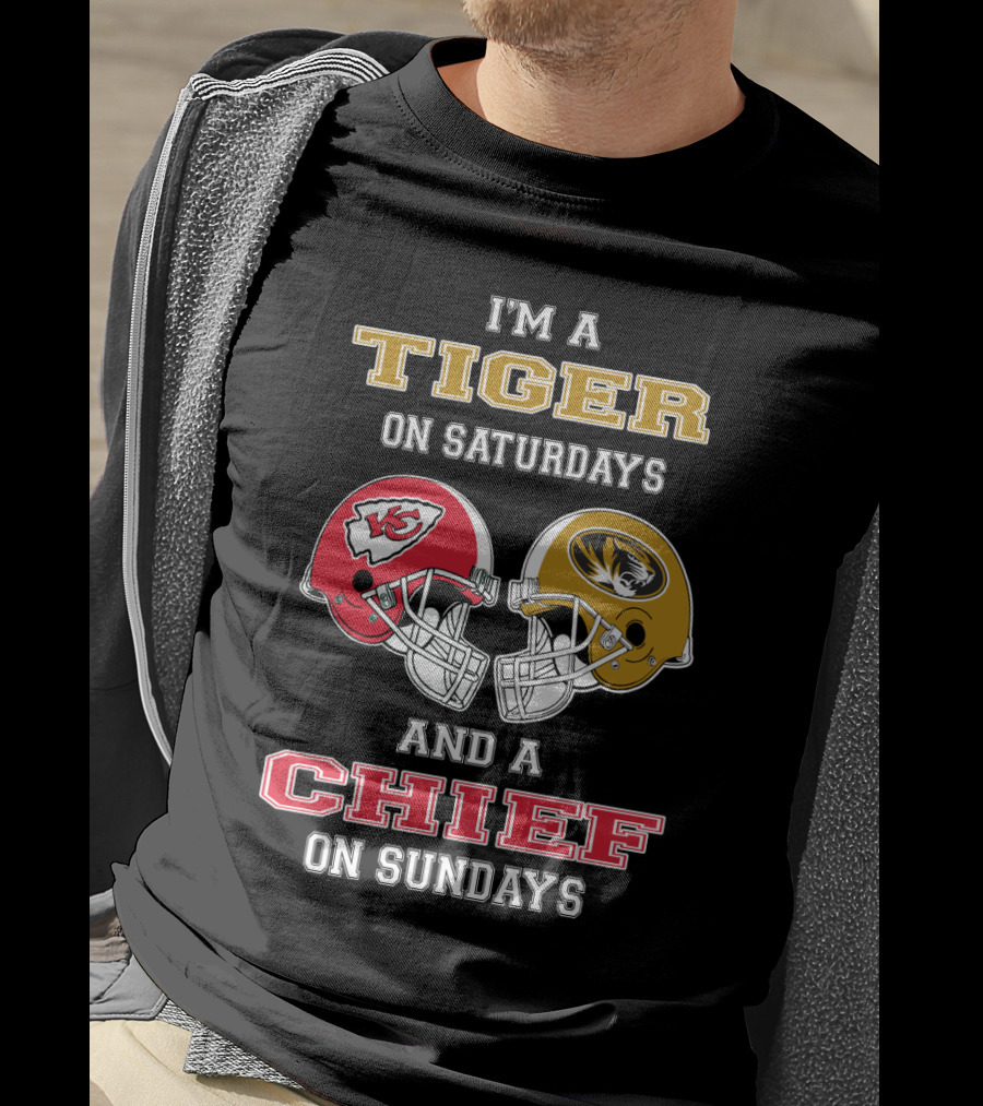 I'm A Tiger On Saturdays And A Chief On Sundays Missouri Kansas City Football Helmets T-Shirt