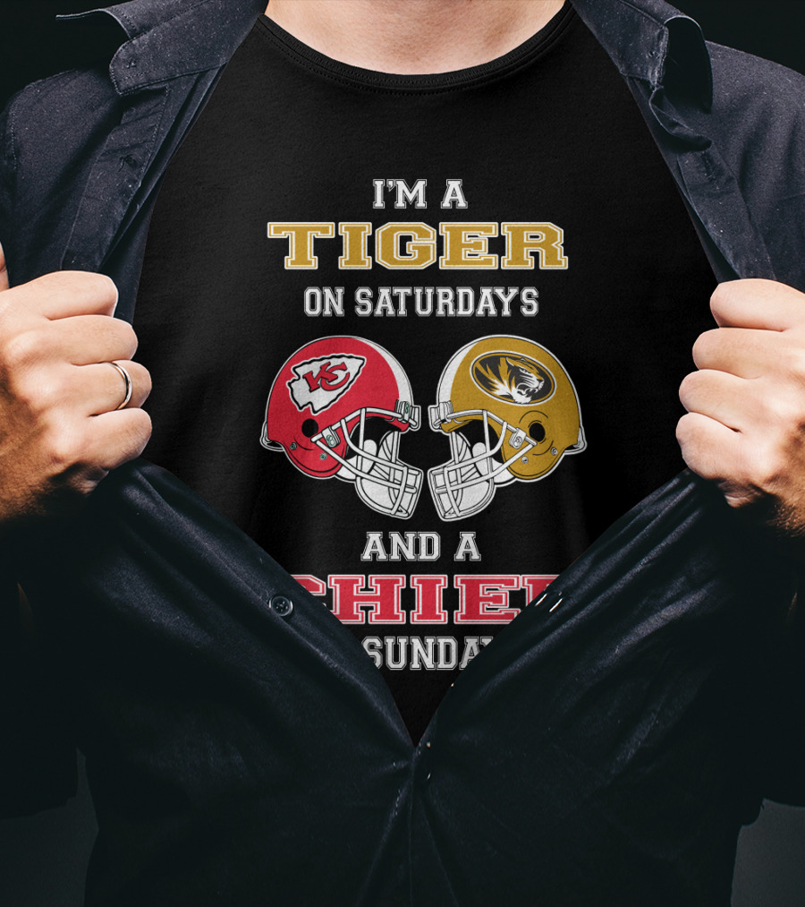 I'm A Tiger On Saturdays And A Chief On Sundays Missouri Kansas City Football Helmets T-Shirt