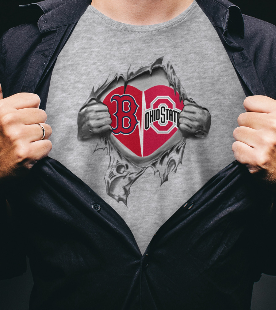 Boston Red Sox Ohio State Scarlet And Gray Heart Emblem Peeling Hands T-Shirt