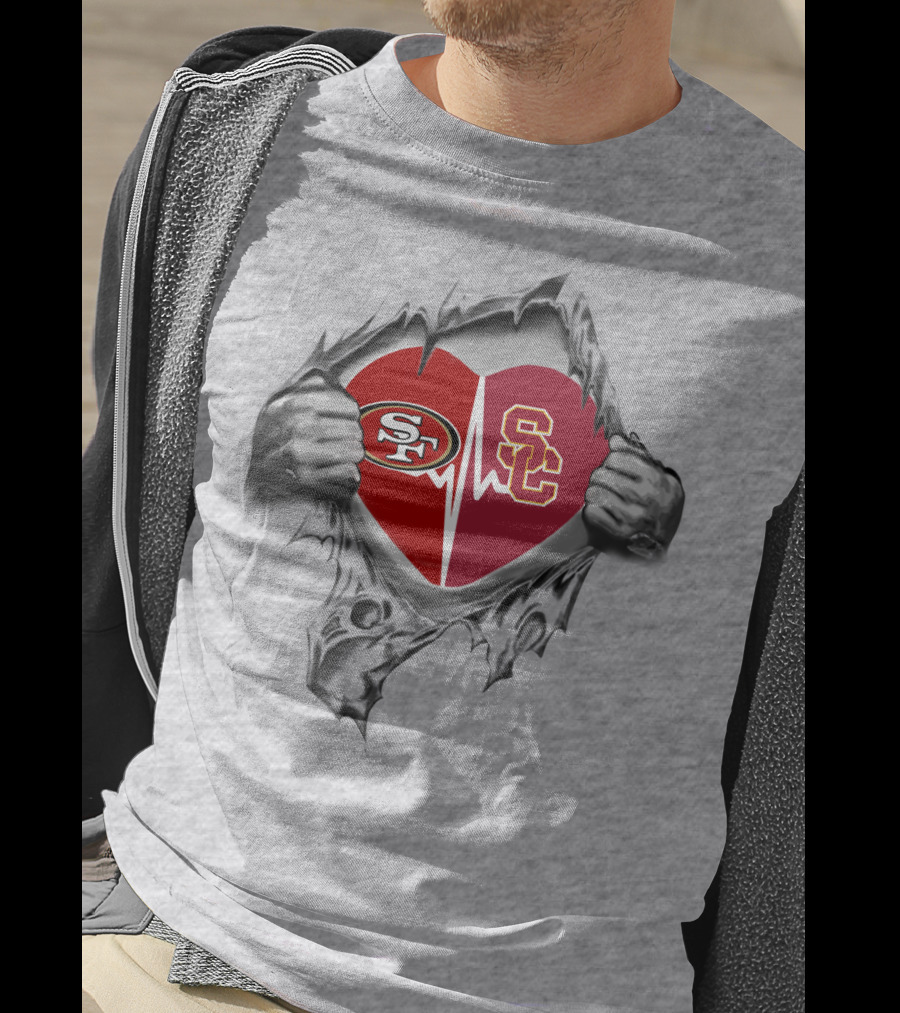 49Ers Trojans Heartbeat With SF And SC T-Shirt