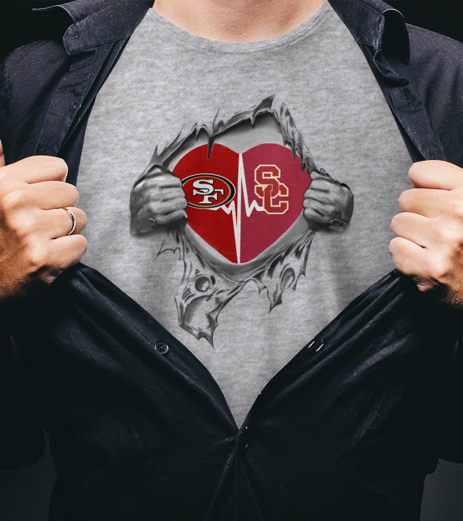 49Ers Trojans Heartbeat With SF And SC T-Shirt