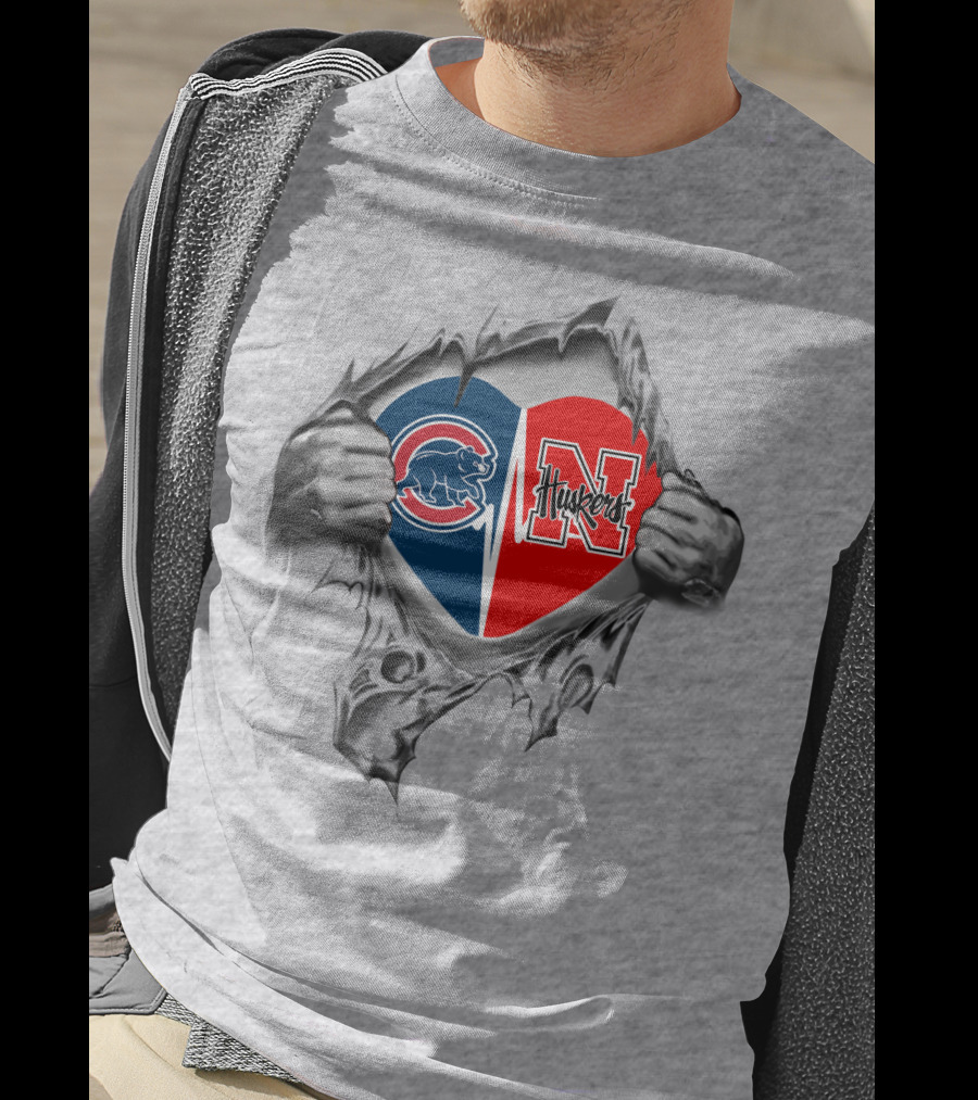 Cubs And Huskers Heart Logo With Hands Ripping Gray Background T-Shirt