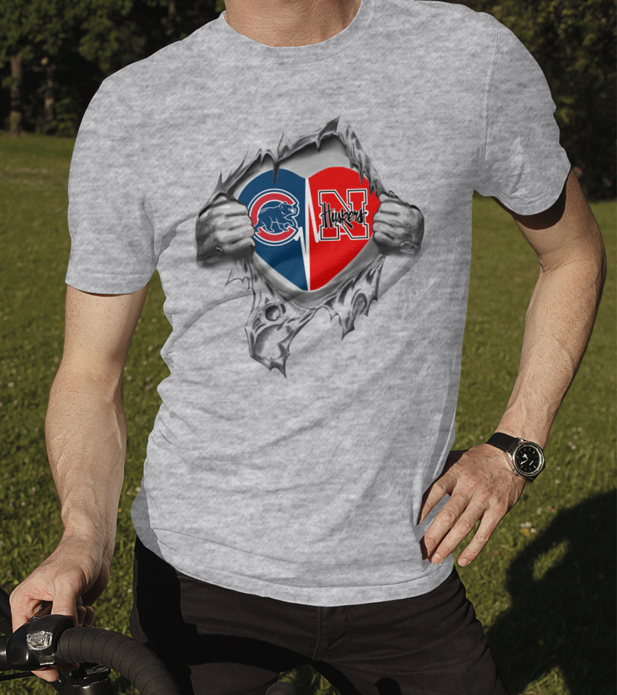 Cubs And Huskers Heart Logo With Hands Ripping Gray Background T-Shirt