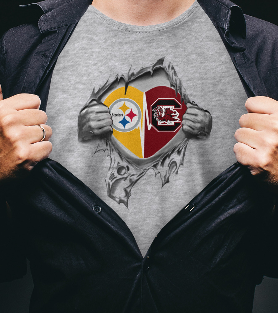 Steelers Gamecocks Heart Emblem Featuring Dual Logos With Team Spirit T-Shirt