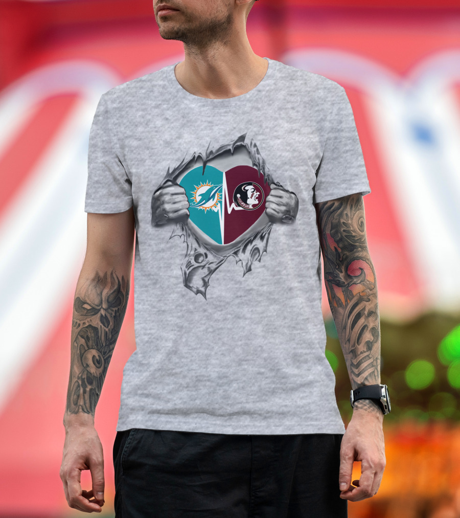 Heart of Dolphins and Seminoles Logos Torn Open T-Shirt
