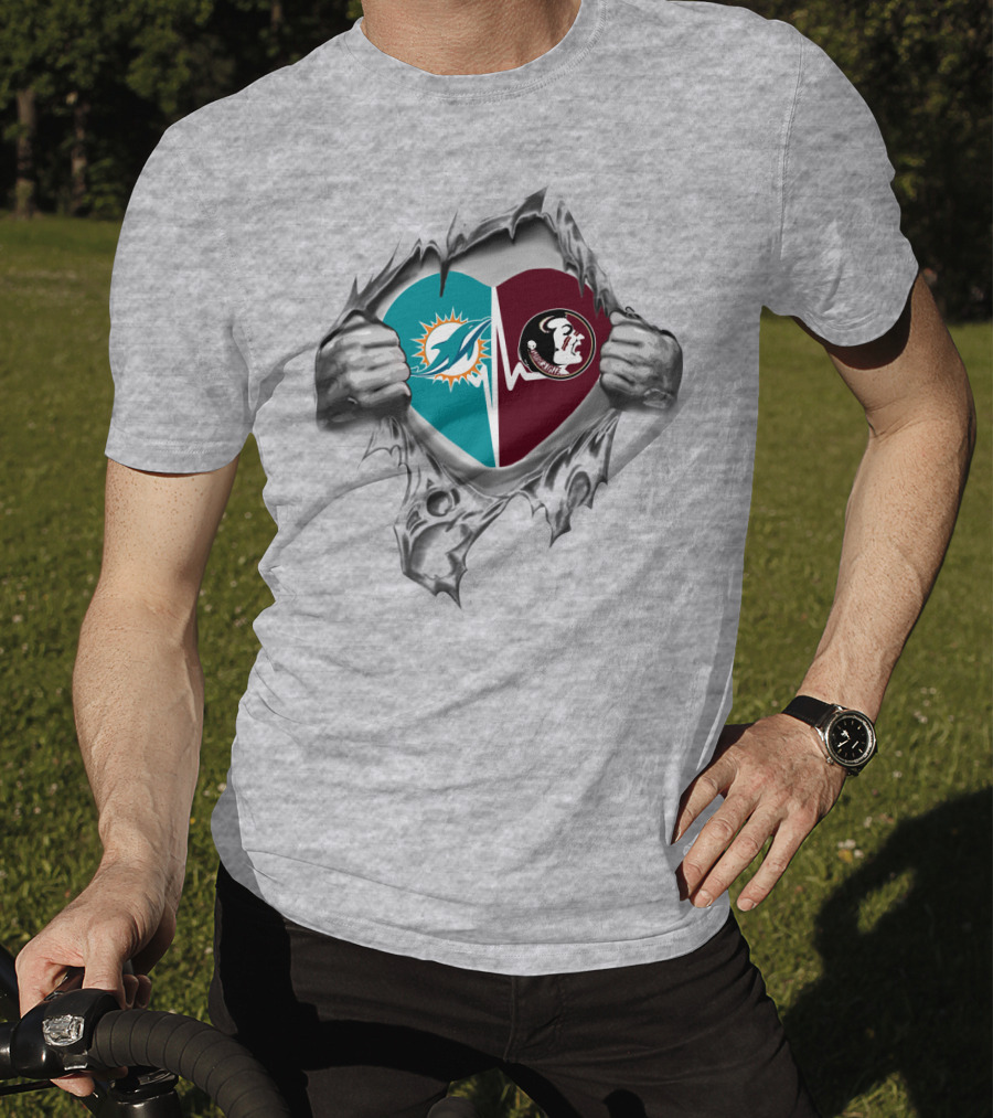 Heart Of Dolphins And Seminoles Logos Torn Open T-Shirt