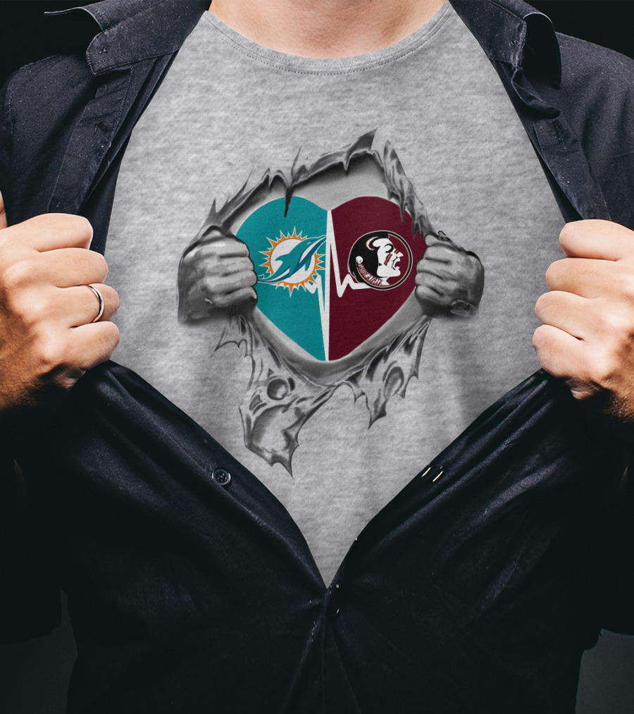 Heart Of Dolphins And Seminoles Logos Torn Open T-Shirt