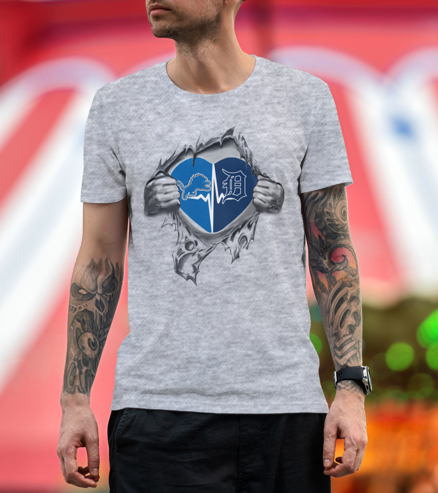 Detroit Lions Tigers Heart Logos T-Shirt