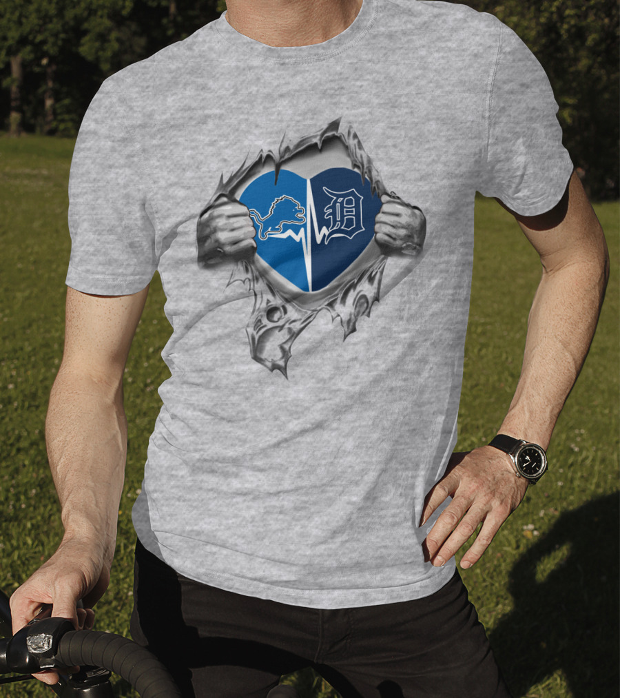 Detroit Lions Tigers Heart Logos T-Shirt
