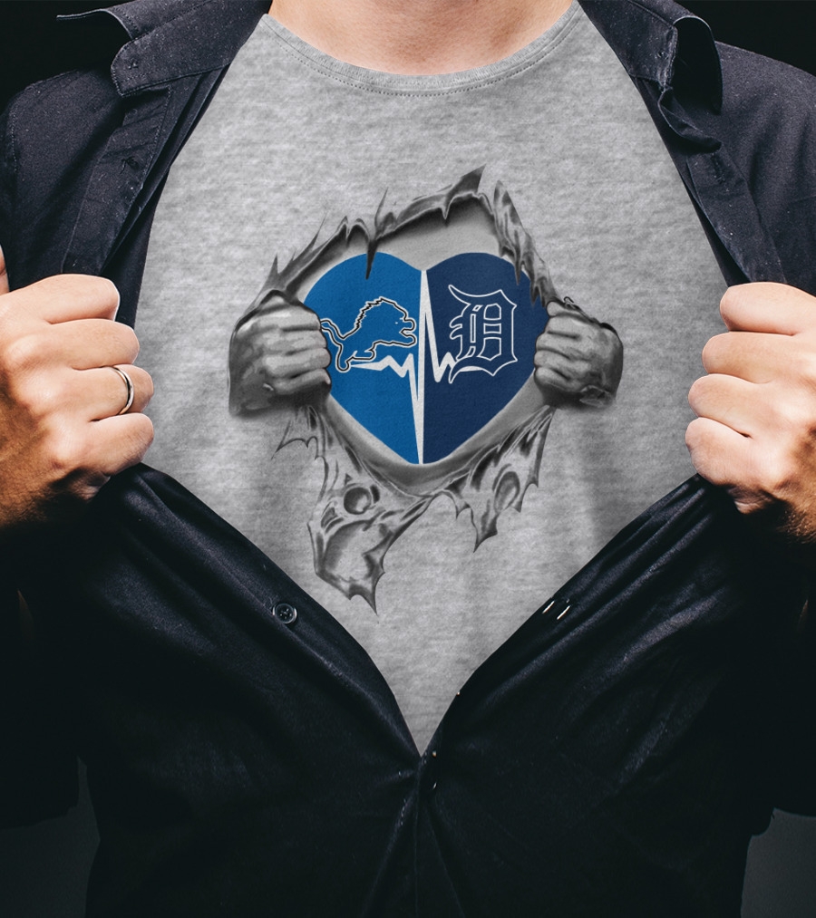 Detroit Lions Tigers Heart Logos T-Shirt