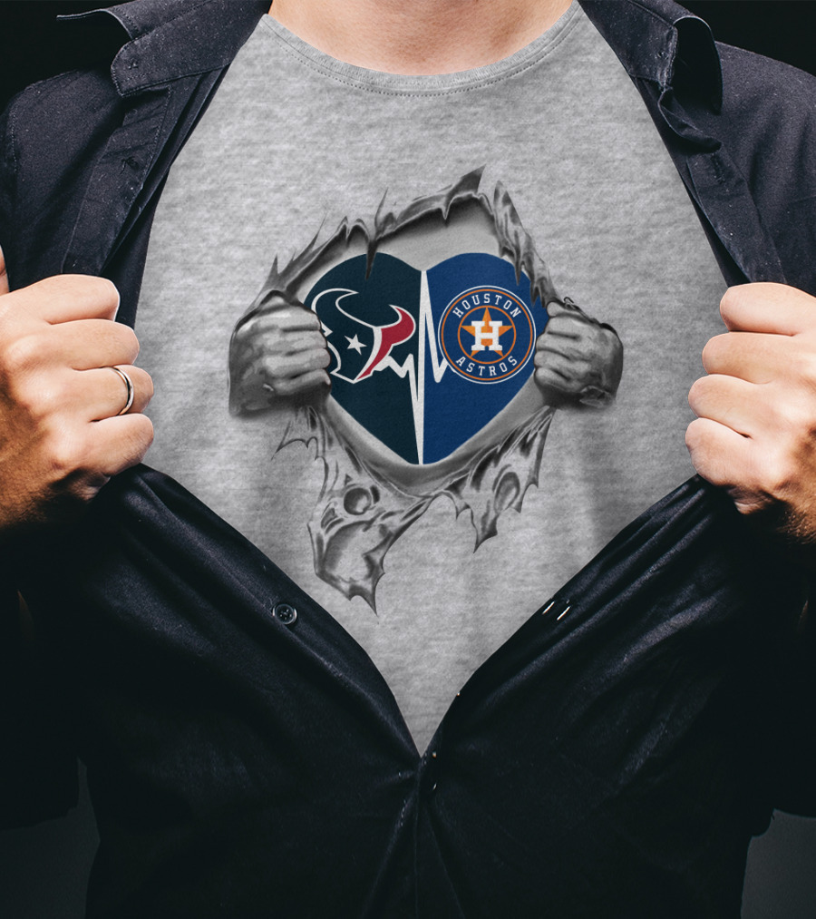 Texans Astros Heart Split Torn Ripped Metal T-Shirt
