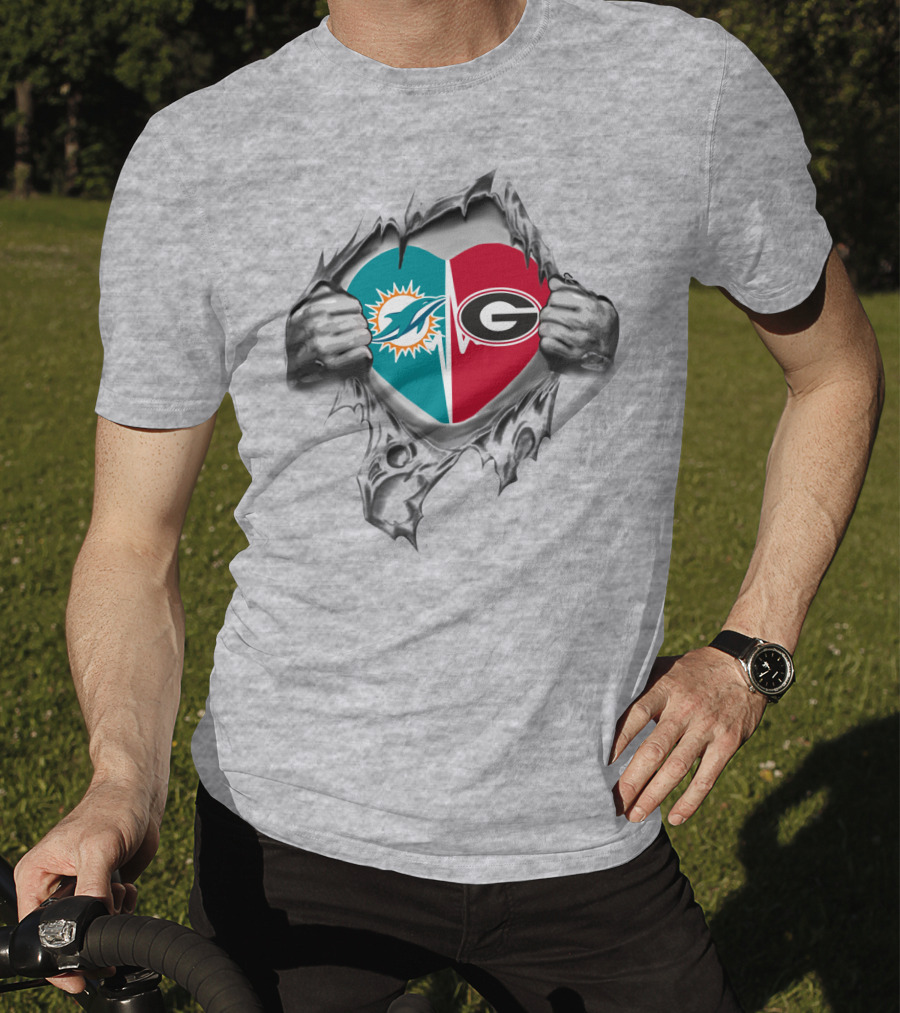 Dolphins Georgia Bulldogs Heart Split Logo Fan Pride T-Shirt