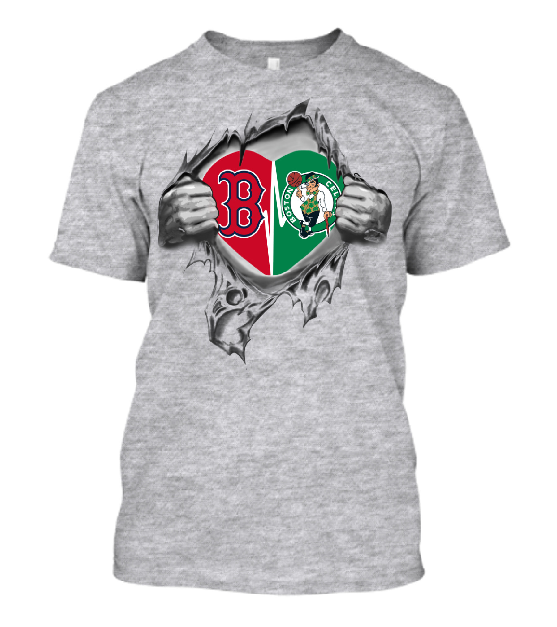 Red Sox Celtics Boston Pride Heart Torn Open Logo Fusion T-Shirt