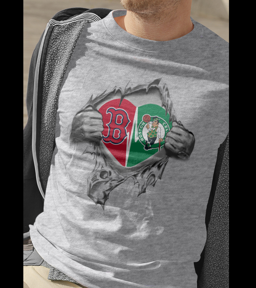Red Sox Celtics Boston Pride Heart Torn Open Logo Fusion T-Shirt